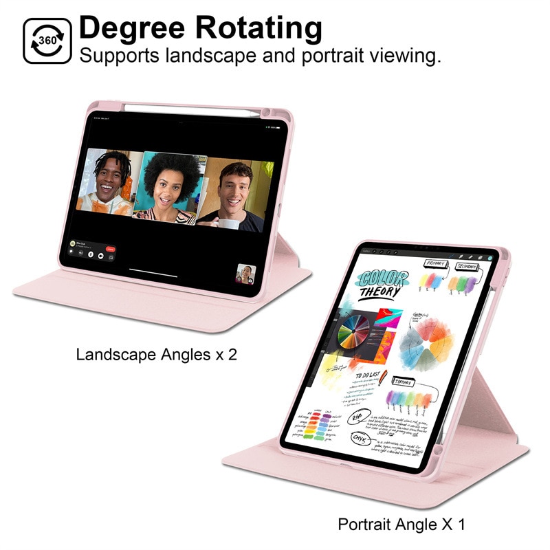 Husa pentru tableta, Cu suport pentru pix, Compatibil cu iPad Air 4 2020 / 5 2022, iPad Pro 11" (2018/2020/2021/2022), rotire 360 °, roz