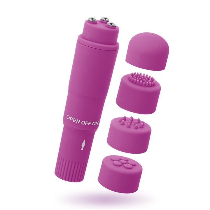 Вибратор 10 см, Гладък и безопасен материал, 4 накрайника, Многоскоростна вибрация, Усилване на удоволствието, Максимално проникване, Регулиране на интензитета, Лилав