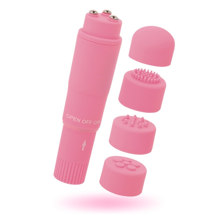 Вибратор 10 см, Гладък и безопасен материал, 4 приставки, Многоскоростна вибрация, Усилване на удоволствието, Максимално проникване, Регулиране на интензитета, Розов