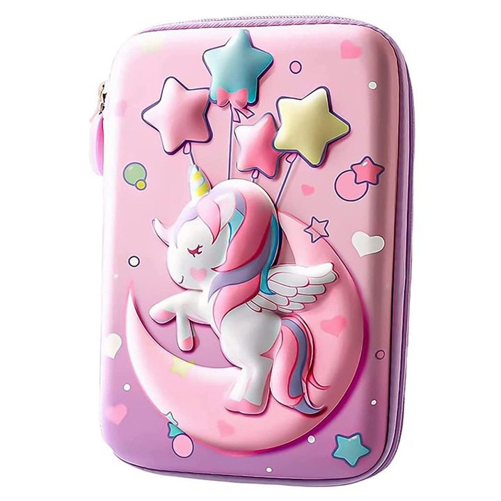 Penar Scolar, MorFansi®, Capacitate Mare, EVA, Imprimare 3D, Usor, Impermeabil, 22x15x5 cm, Unicorn, Roz