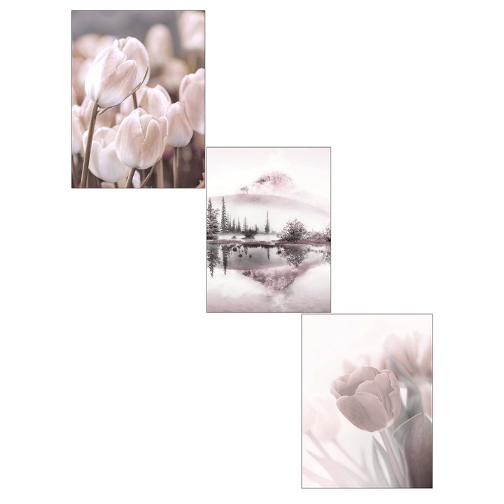 Poszterek keret nélkül, 3 db-os készlet, tulipán és hegyi táj, nappali/hálószoba fali dekoráció, modern stílus, 50 x 70 cm