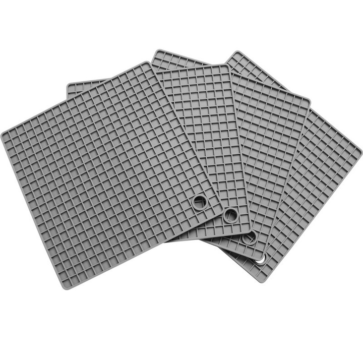 Set 4 suporturi multifunctionale pentru vase, silicon alimentar, rezistente la caldura, antiderapante, gri, 17x17cm