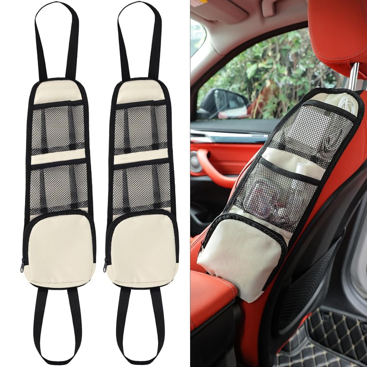 Set 2 Genti suspendate multifunctionale pentru depozitarea scaunului din fata al masinii, organizator lateral cu buzunare multiple, suport pentru telefon, cablu, portofel, gustari, ochelari, Bej, 42cm