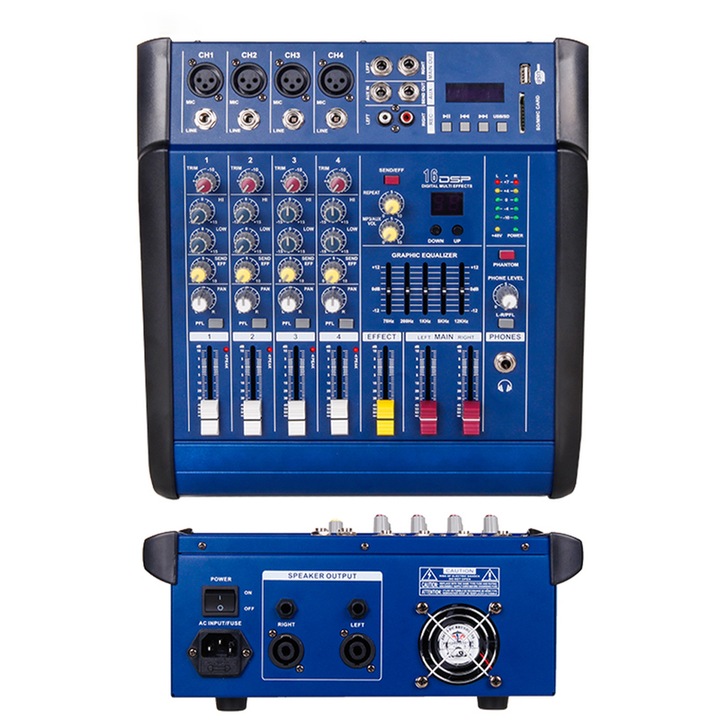 Mixer audio digital profesional BOMGE PMX402D 4 canale cu amplificator power 2*350W, Bluetooth, USB interface audio, alimentare fantoma de 48V, iesire XLR, interfata audio, placa de sunet, ideal pentru petreceri de inregistrare, KTV si scena