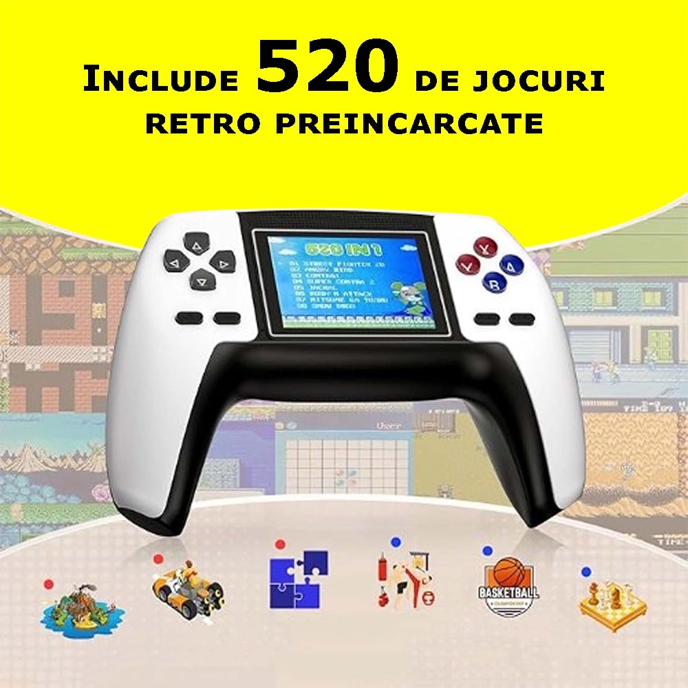 Consola Retro Jocuri Video Portabila EDAR, 520 Jocuri Incorporate, Display Rezolutie 320x240, Iesire AV, Conectare Televizor, Incarcare USB, Acumulator 1020 mAh, Alba