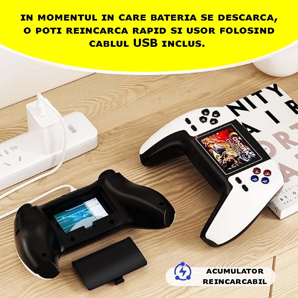 Consola Retro Jocuri Video Portabila EDAR, 520 Jocuri Incorporate, Display Rezolutie 320x240, Iesire AV, Conectare Televizor, Incarcare USB, Acumulator 1020 mAh, Alba