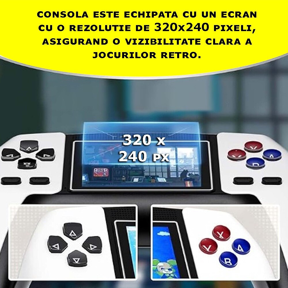 Consola Retro Jocuri Video Portabila EDAR, 520 Jocuri Incorporate, Display Rezolutie 320x240, Iesire AV, Conectare Televizor, Incarcare USB, Acumulator 1020 mAh, Alba