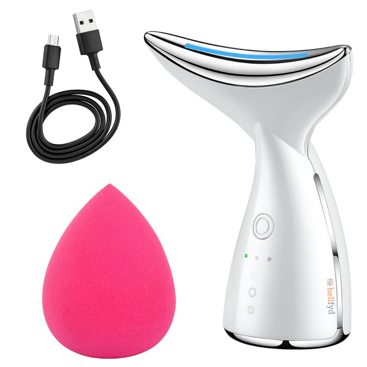 Aparat Profesional Pentru Tratament Facial Si Intinerirea Pielii 3 in 1 BellFyd®, Mezoterapie, Lifting, Anti Rid, Masaj facial, Curatarea Porilor, Cearcane, Indepartarea Ridurilor, Burete Machiaj Inclus Alb