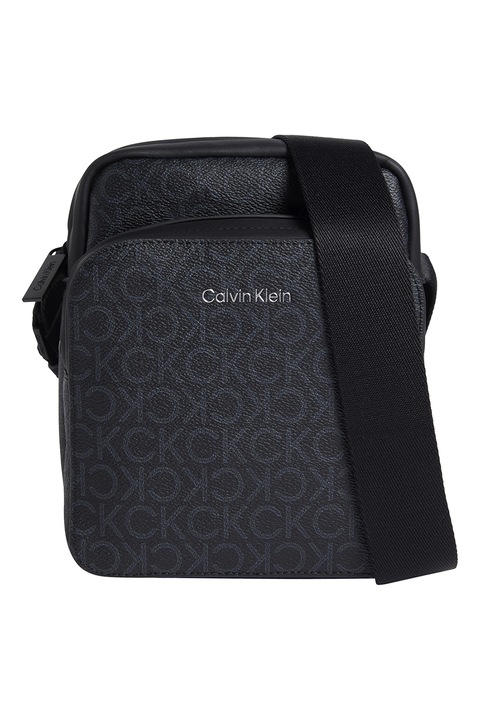 CALVIN KLEIN, Monogram ökobőr crossbody táska, Fekete, Sötétszürke