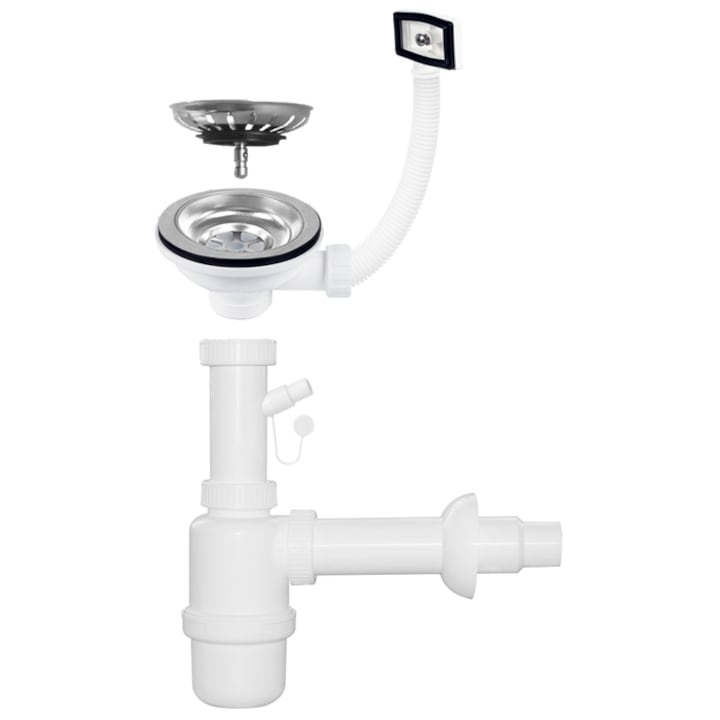 Сифон Eurociere S472/30560, за кухненска мивка с 1 корито, 1 1/2, с гарафа и връзка за пералня + кран 3 1/2 x 1 1/2, с решетка от неръждавейка, правоъгълен преливник, пластмаса + неръждавейка , бяло