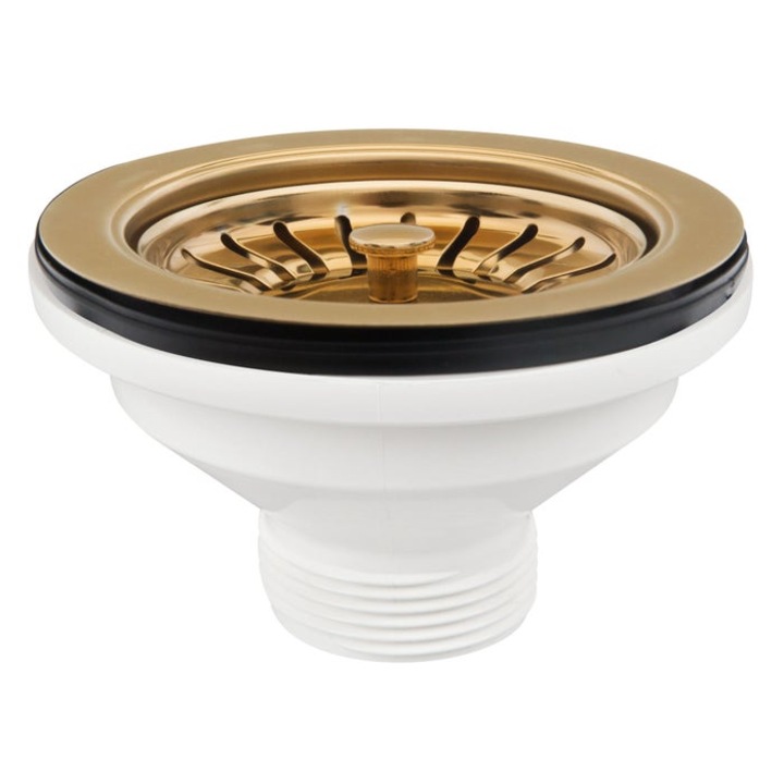 Ventil Eurociere ES393OTOR, pentru chiuveta bucatarie cu 1 cuva, 3 1/2 x 1 1/2, cu gratar din inox, plastic + inox, alb + auriu