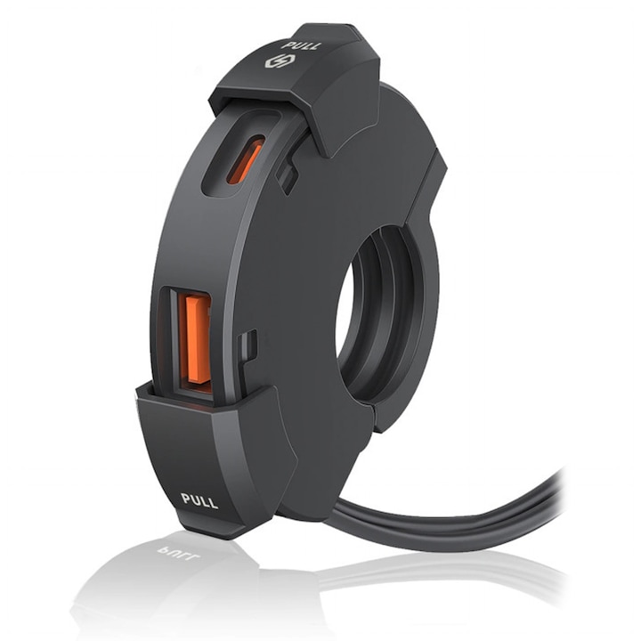 Motorkerékpár USB Töltő SLIM Kivitelben, AutoREY®, TYPE-C PD És QC3.0 Gyorstöltés, 12–24V Kompatibilitás, Kétportos USB-A És USB-C, Vízálló Kialakítás, Kormányra Szerelhető Tartóval, Motorkerékpárhoz, ATV-hez És Robogóhoz, Univerzális Használat