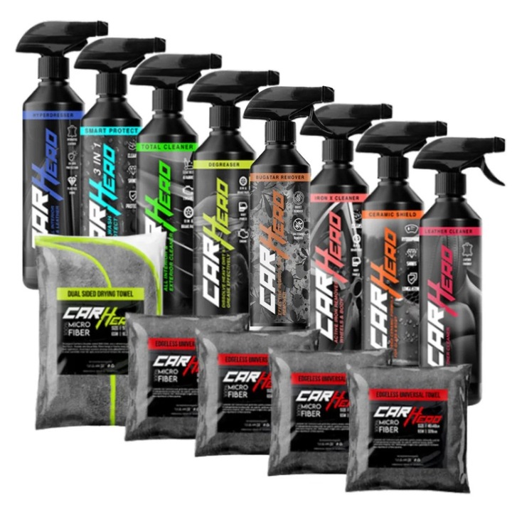 Pachet Mega XL, Car Hero, Leather Cleaner, Ceramic Shield, Iron X, Bug and Tar, Degreaser, Total Cleaner, Smart Protect V2.0, Hyperdresser, Prosop Ultra abosrbant, 4 Lavete Microfibra, Solutii profesionale Detailing Auto, 500ml fiecare