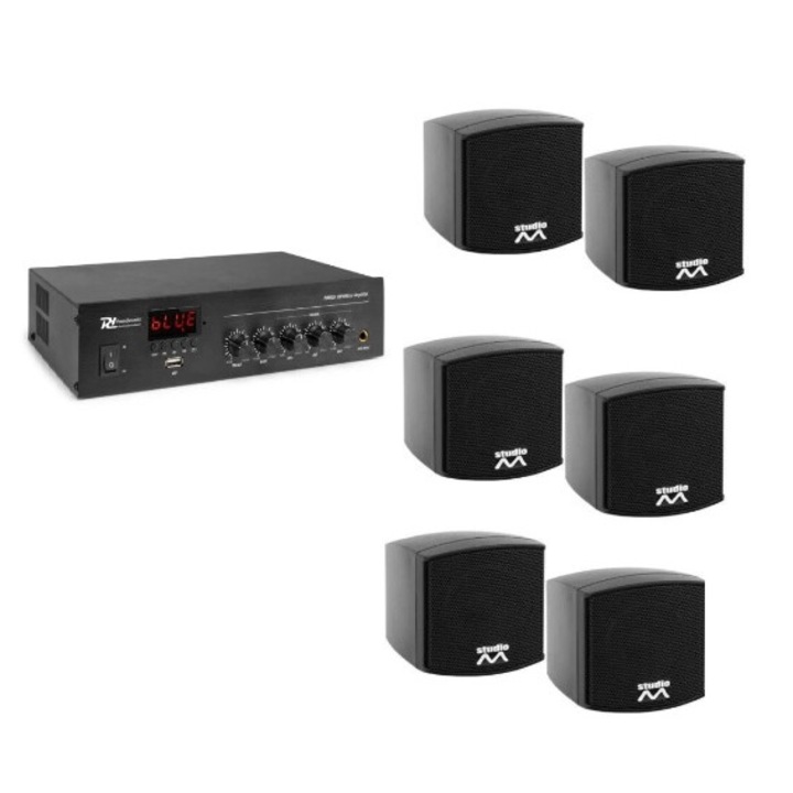 Sistem audio cu 6 boxe negre, discrete, aplicabile pe perete, cu bluetooth, player USB-SD si tuner FM