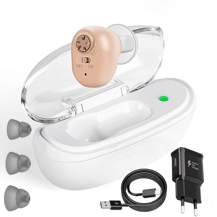 Слухов апарат NeoHGS Premium с акумулатор, 130 dB Усилвател на звук, Автономия 80 часа, Средна до Тежка Загуба на Слух, 5 ушни адаптера, Зарядно устройство и предпазен калъф включени, Контрол на звука, Четка за почистване, За