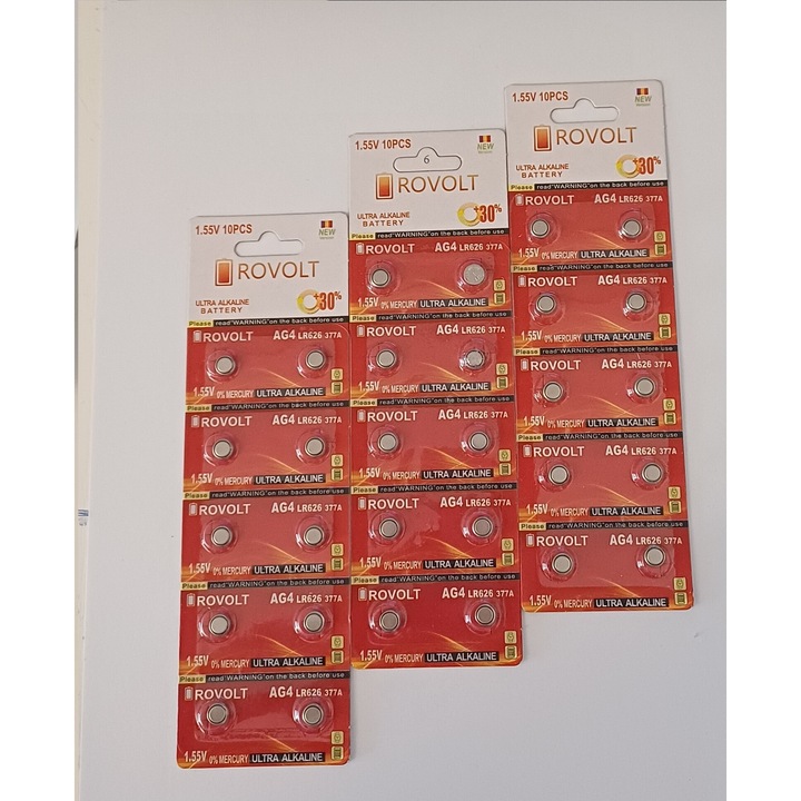 Set 30 Baterii Ultra Alkaline AG4, LR626, 377A, 1.55V, Rovolt