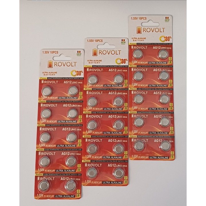 30 db ultra alkáli elem készlet AG12, LR43, 386A, 1,55 V, Rovolt