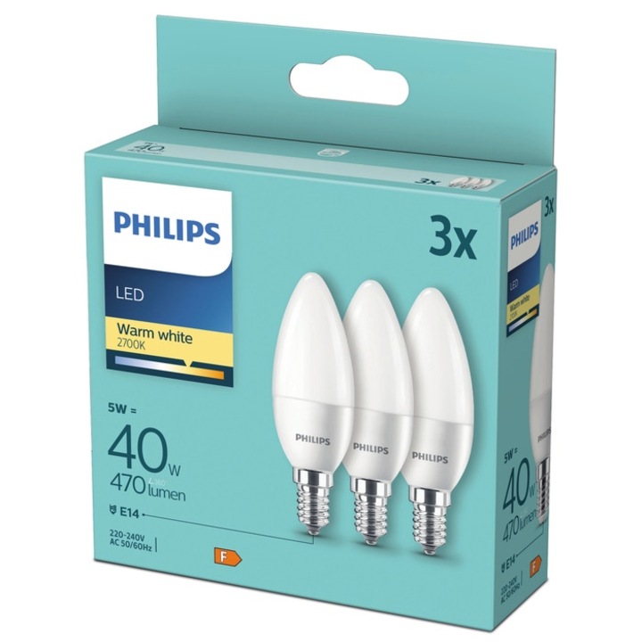 LED izzó Philips gyertya B35 E14 5W 470lm meleg fény 2700 K - 3 db
