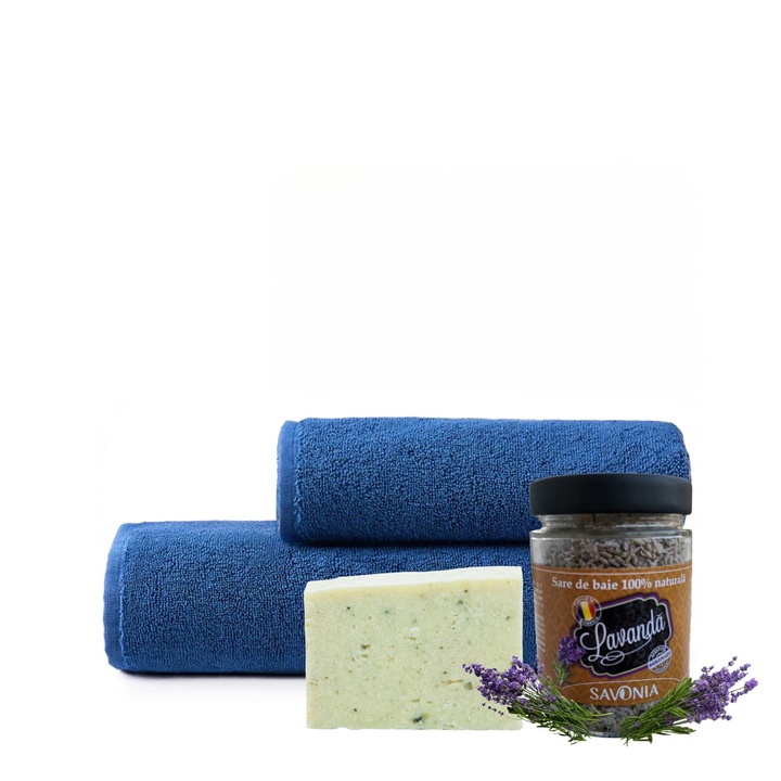 Set cadou Luxury Surprise format din 2 prosoape premium Pure Terry, bumbac 100 %, dense, extra moi, certificat Oeko Tex, 1 de 50x100 cm, 1 de 70x140 cm, culoare bleumaren,1 sapun natural sare si cedru, 1 sare de baie naturala Lavanda