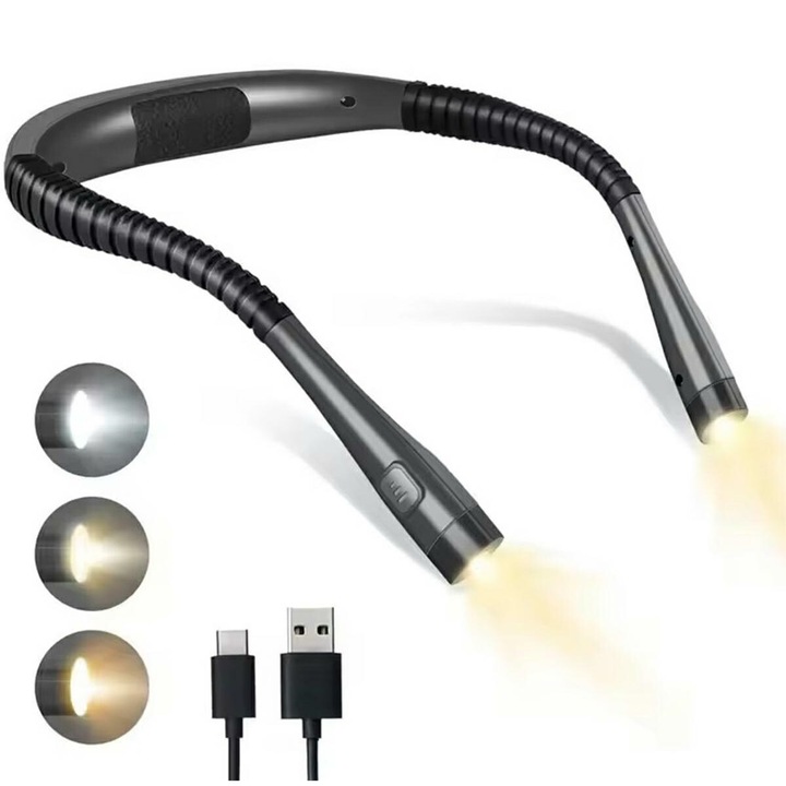 Lampa LED pentru citit carti, Zola, conceput pentru a atarna in jurul gatului, din plastic si cauciuc, lungime totala 62 cm, negru