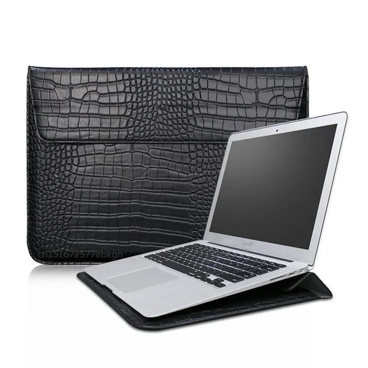 Állvány típusú laptop borítás, ökológiai krokodilbőr, mágneses, ultravékony, fekete, 35,5x25x1cm