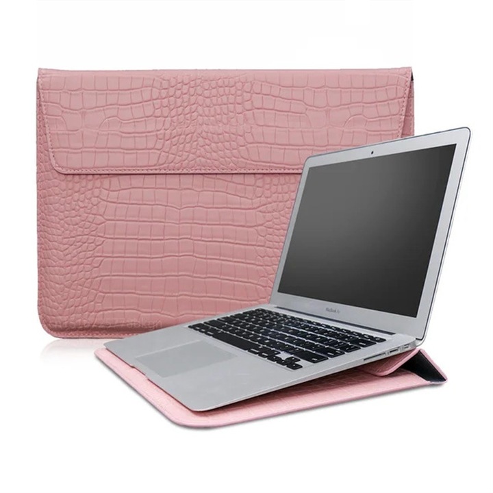 Állványos laptop tok, krokodil ökológiai bőr, mágneses, ultravékony, rózsaszín, 15-15,6 hüvelyk