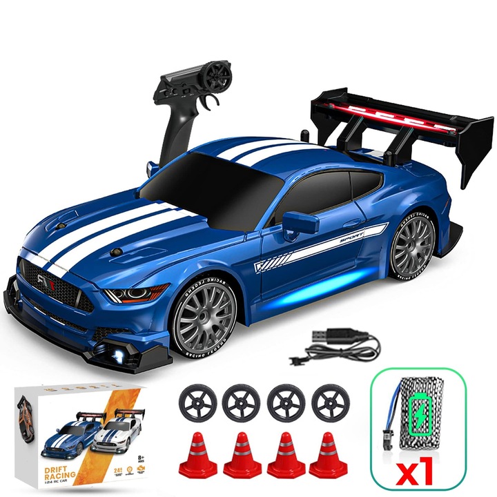 Masina cu telecomanda RC, Timebox, Drift car, 30km/h, 4x4, lumini LED, cauciucuri interschimbabile, 1 baterie reincarcabila tip acumulator inclusa, jucarie pentru copii 7 ani+ si adulti, masinuta teleghidata 1:24, Albastru