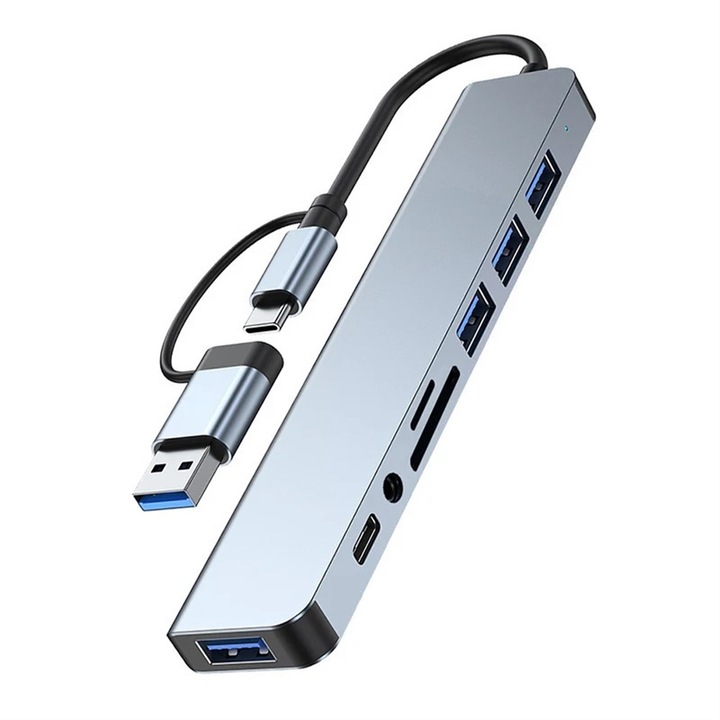 Докинг станция Hub 8 в 1, универсална, USB 3.0, четец на Micro SD карти, 3,5 mm аудио жак