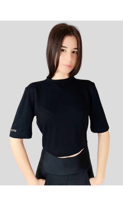 Tricou crop, maneci supradimensionate, de dama, Negru, Negru