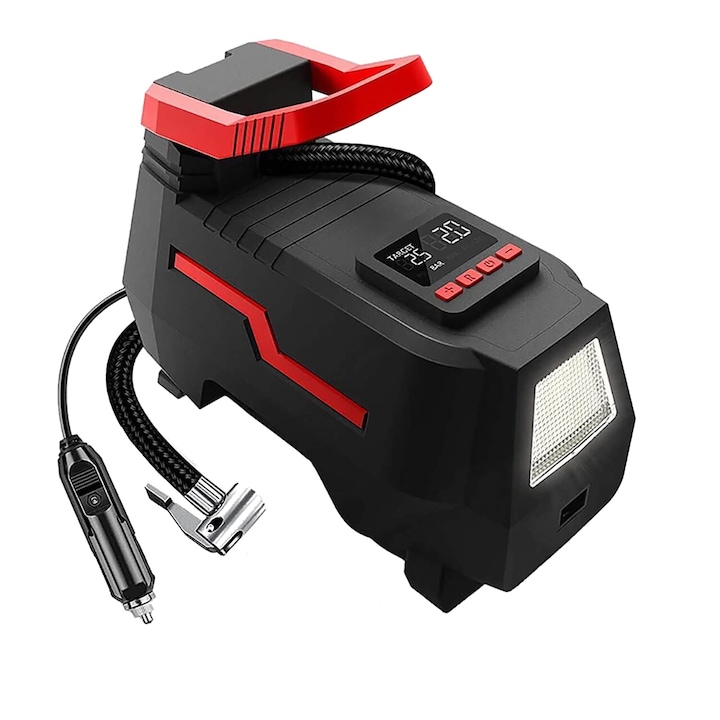 Compresor aer auto digital, DC 12V, 120W, 10A, 150 PSI, 35L/min, Roll Fast, cablu de alimentare 2.80 m, masina, bicicleta, motocicleta, mingi, lanterna LED, oprire automata