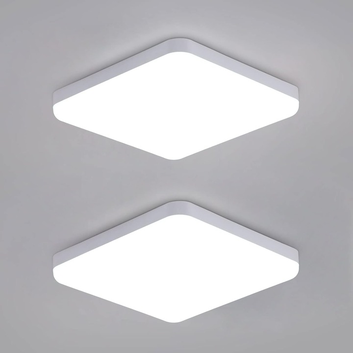 Mckalen, Квадратна LED плафониера, 32 W, 3600lm, 2 броя, Ip54 Водоустойчивост, 6500k Студено бяло, За баня, кухня, коридор, балкон, 25 см