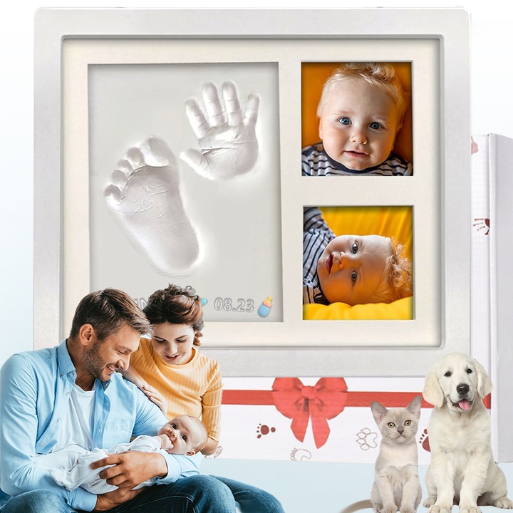 Kit amprenta mulaj manuta sau piciorus bebe, Puepoul, 23x28cm, Pretuiti momentele speciale, Argila sigura, Trei compartimente separate, Cu rama foto pentru 2 fotografii, Botez sau zi de nastere, Non Toxic, Alb