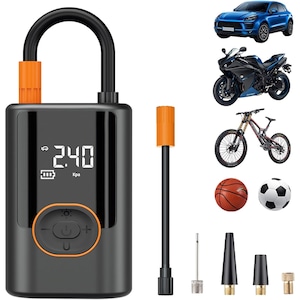 Compresor auto portabil cu acumulator 3600mAh Power Bank, GOSTOCK®, Wireless, Afisaj led, Digital, Lumina Led de Urgenta, 150 psi, 30L/min, 4 x ventile metalice, Pentru masina bicicleta motocicleta, Negru / gri