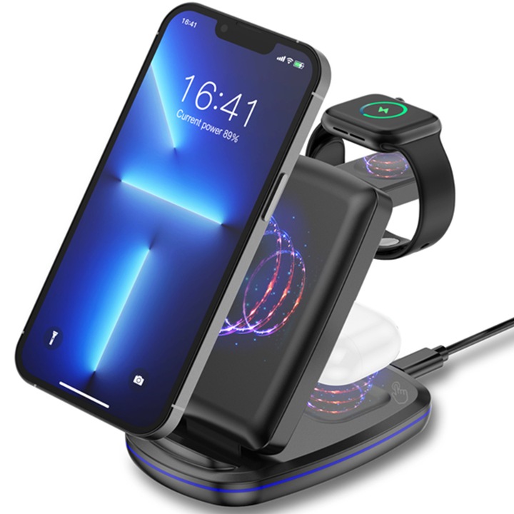 CLOOPER™ Безжично зарядно устройство 3 в 1 зарядна станция, Fast Charger 15W, за телефон, слушалки и смарт часовник, съвместим с Airpods, Apple Watch и iPhone съвместими серии за безжично зареждане, тъмно черен