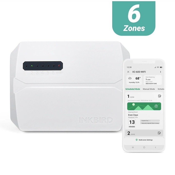 Controler inteligent de irigatii cu 6 zone, automata cu control Wi-Fi, Reglare sezoniera, Mod manual