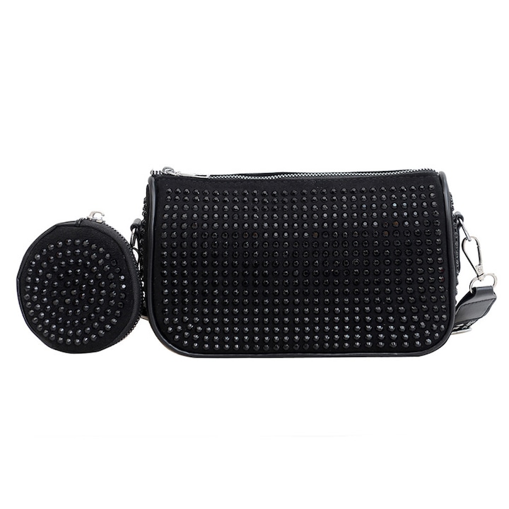 Чанта за рамо с кристали, черна, 21x14 см, комплект с портфейл