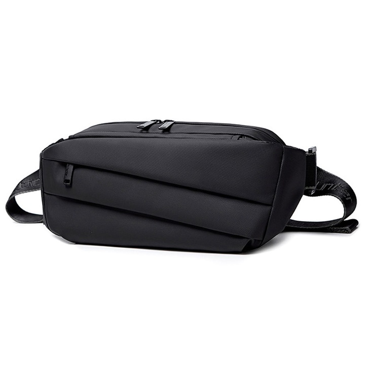 Férfi sporttáska, 11 hüvelykes, fekete, poliészter, vízálló, cipzárral, váll típusú