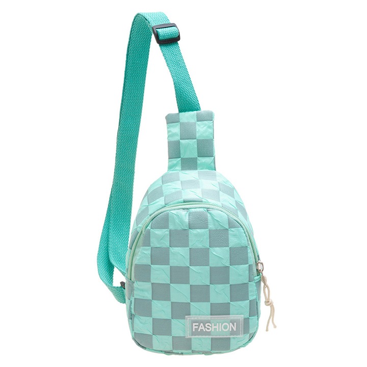 Jormftte gyermek táska, kockás design, zöld, nagy kapacitású, állítható pánt