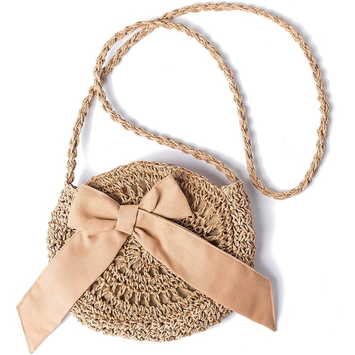 Jormftte natúr szalma lány táska, masni mintás, mágneses záródású, barna