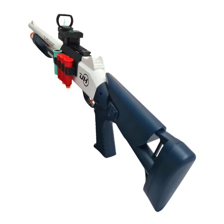 Pusca de jucarie manuala tip Shotgun, 10 proiectile de Spuma Moale tip pufulete Nerf, 80 cm, Gri, 8+