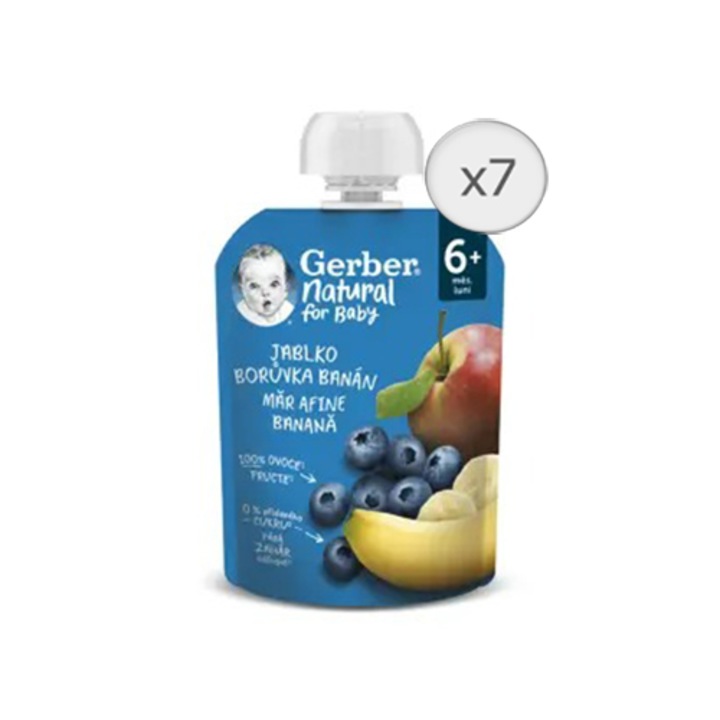 Комплект пюре Gerber Natural с ябълка, боровинка и банан, 7x90 гр, От 6 месеца