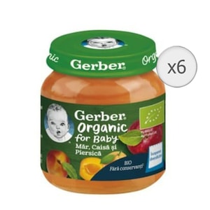 Pachet Piure cu mar, piersica si caisa Gerber Organic, 6x125g, de la 6 luni