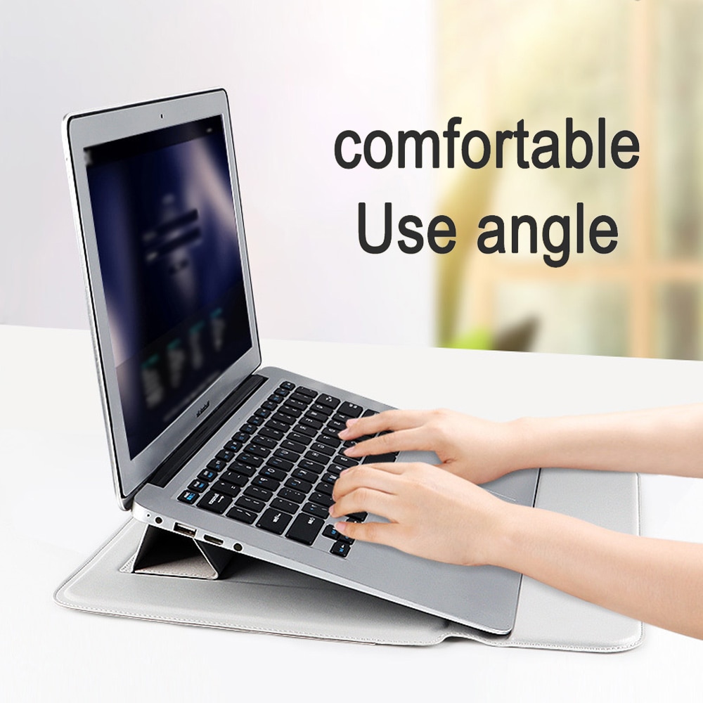 Husa laptop BGHYHYHI, gri, cu suport si capac magnetic, din piele sintetica rezistenta la apa, dimensiuni usoare