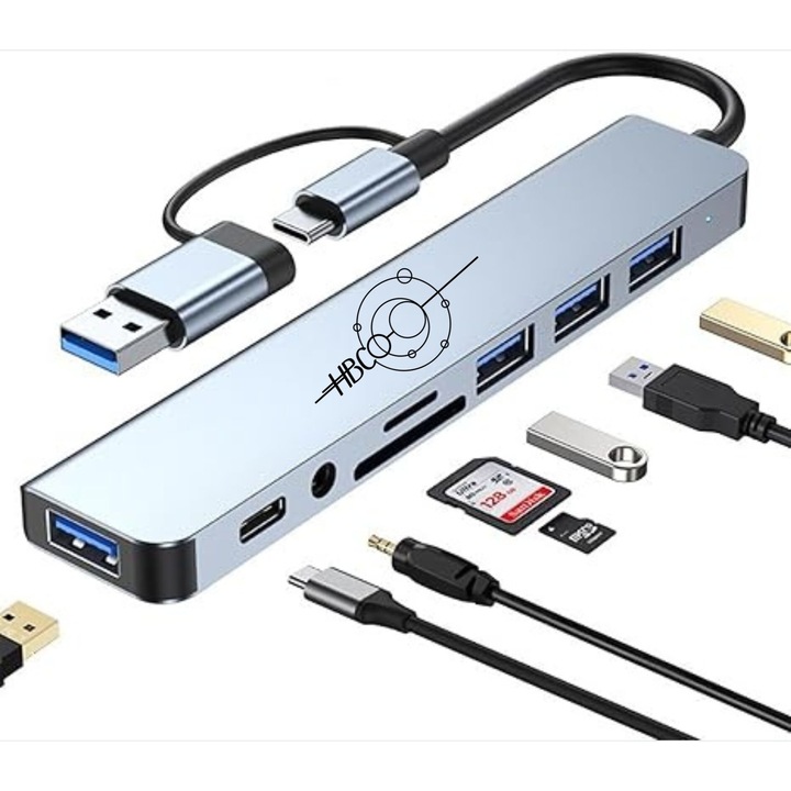 Хъб Multiport 8 в 1 HBCO® адаптер, алуминий, USB Type-C към HDMI 4K/60Hz, 1 USB Type-C 5Gbps, порт за зареждане 100W, 4 USB 3.0, SD/TF четец на карти, жак 3,5 мм, докинг станция за MacBook , HP, Lenovo, Dell, Asus, Acer, Tableta, Samsung, Acer, Microsoft