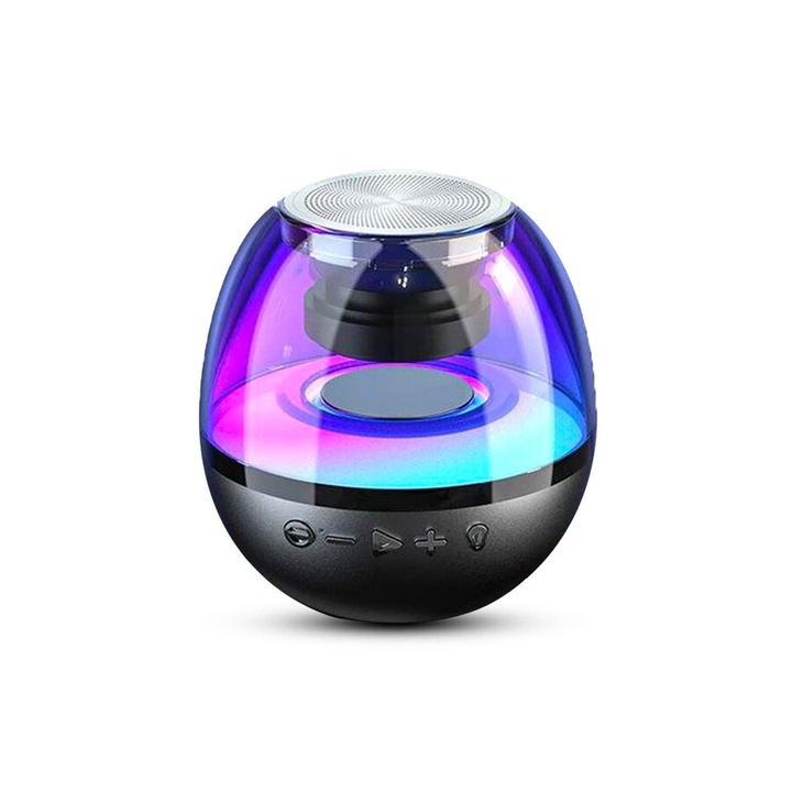Mini boxa portabila cu extra bass, RGB, sunet 360°, HD, bluetooth 5.0, USB Type-C, negru