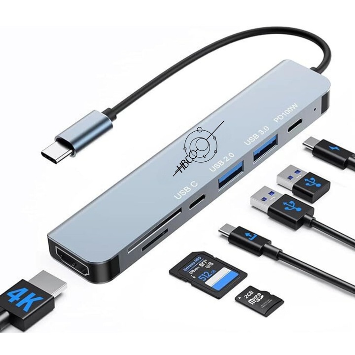 Хъб адаптер многопортов 7 в 1 HBCO®, алуминий, USB Type-C към HDMI 4K/60Hz, 2 USB Type-C 5Gbps, Порт за зареждане 100W, 2 USB 5GBps, SD/TF четец на карти, за MacBook, HP, Lenovo , Dell, Asus, Acer, Tablet, Alienware, Samsung, Acer, Microsoft