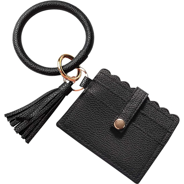 4 az 1-ben multifunkcionális kulcstartó kártyatartóval, karkötővel, bojtval, PU bőrrel, kompakt méretek