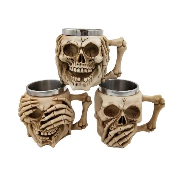 Set 3 Halbe de bere Skeleton 400 ml, inox+rasina, Bej