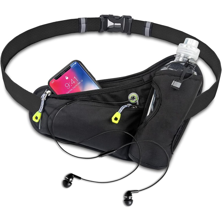 TNEAYWHE sporttáska, állítható, kulacstartóval, fényvisszaverő, fekete