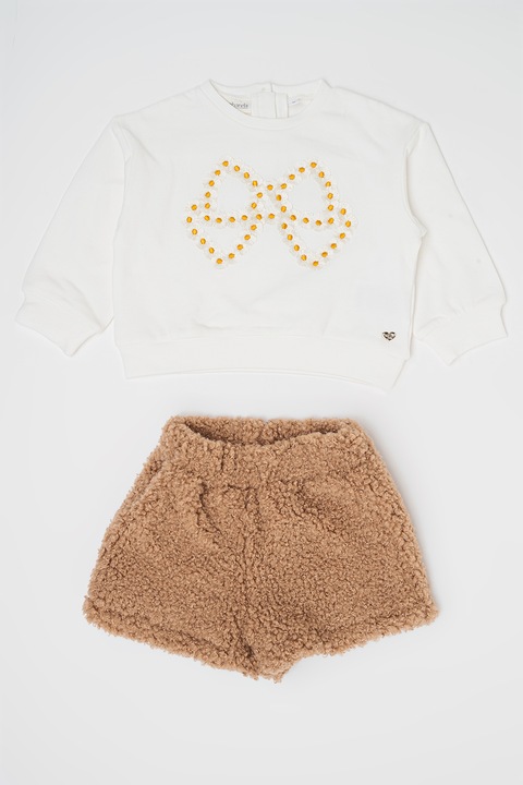 Sarabanda, Mintás póló és plüss rövidnadrág szett, Fehér/Világosbarna